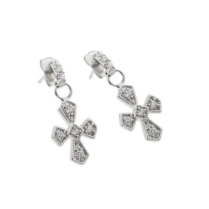 Silver Rhodium 925 Plated Cross Clear CZ Inlay Dangling Stud Earrings – BGE00201