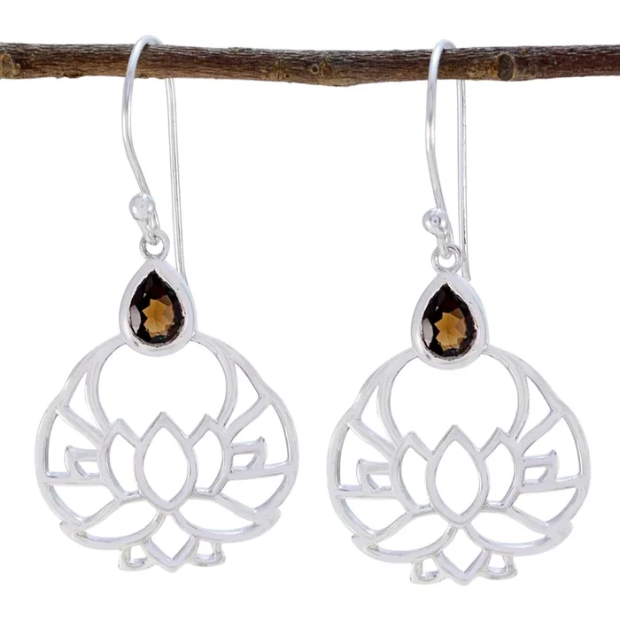Smoky Quartz African Andrea Solitaire Dangle Brown 925 Sterling Silver Earring