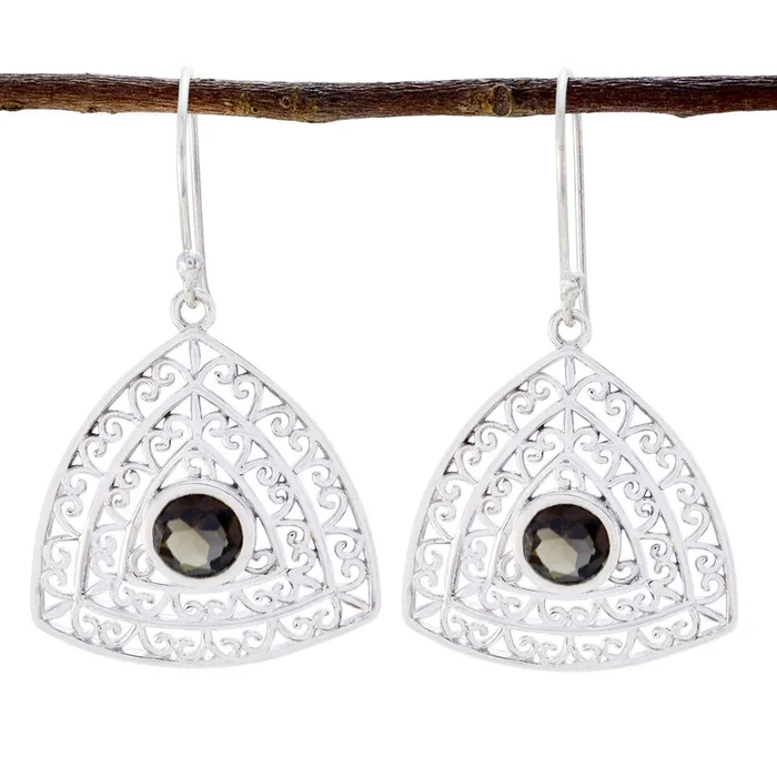 Smoky Quartz Egyptian Bianca Solitaire Dangle Brown 925 Silver Earring