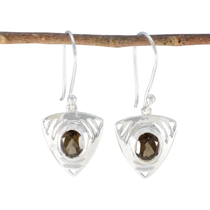 Smoky Quartz German Ana Solitaire Dangle Brown 925 Silver Earring