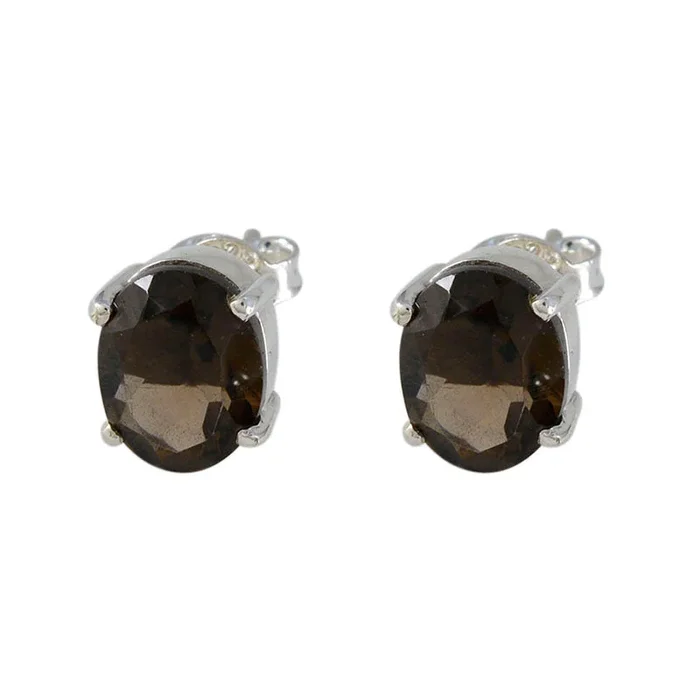 Smoky Quartz Mexican Lucia Solitaire Stud Brown 925 Sterling Silver Earring