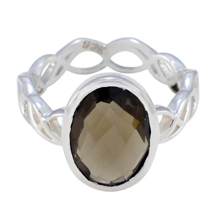 Smoky Quartz Solitaire Mexican Silver Brown Gemstone Minimal Rope-Wire Ring Jewelry