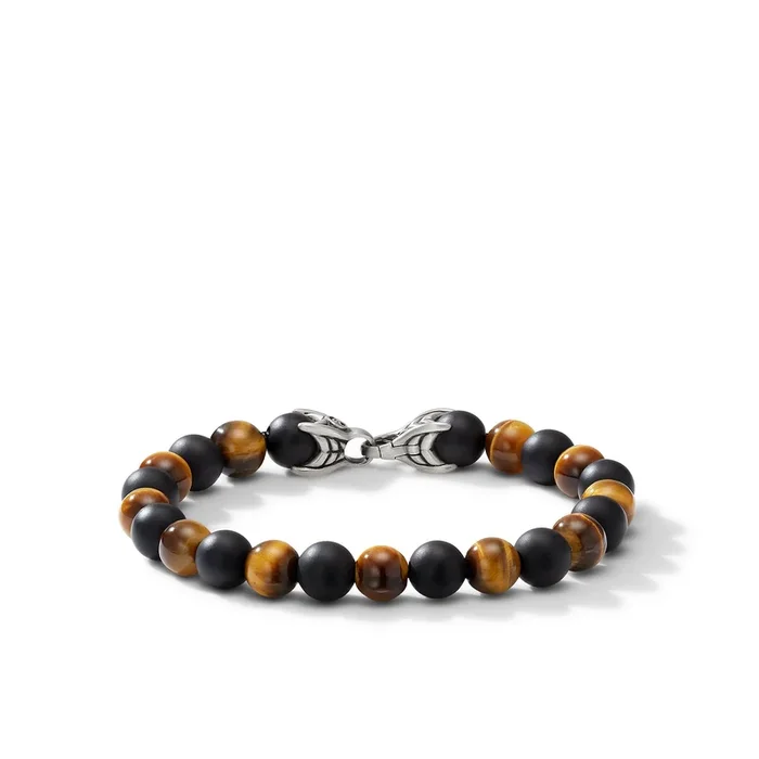 Spiritual Beads Alternating Bracelet in Sterling Silver with Tigers Eye and Black Onyx, 8mm