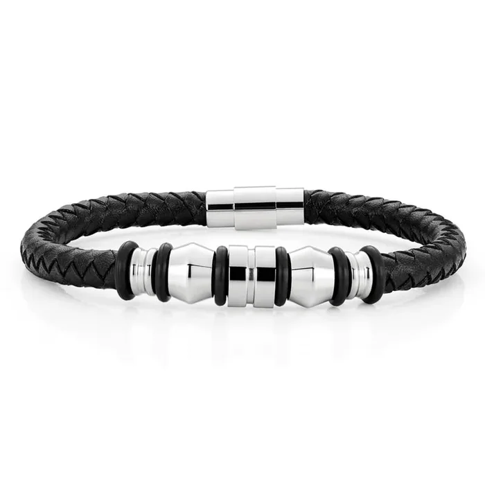 Stainless Steel ‘Forte’ Black Woven Gents Leather Bracelet