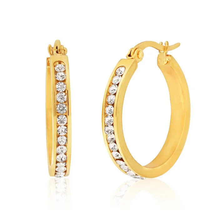 Stainless Steel Gold Plated 25mm Full Circle Crystal Hoop Earrings
