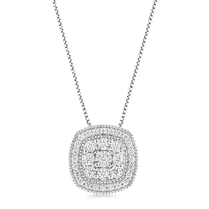 Sterling Silver 0.45 Carat Diamond Cushion Cluster Pendant with Round Brilliant Cut Diamonds on 45cm Chain