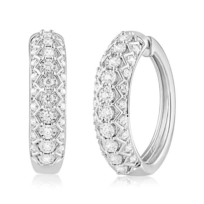 Sterling Silver 0.45 Carat Diamond Hoop Earrings with 56 Round Diamonds