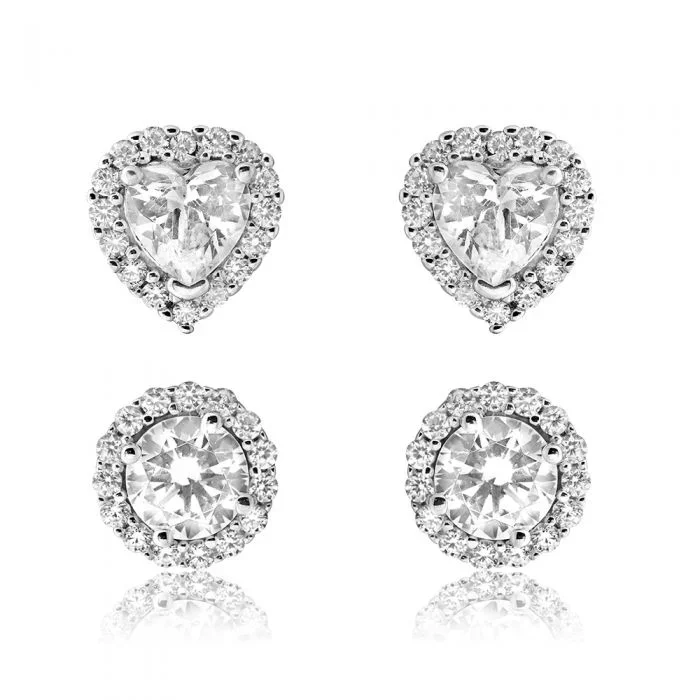 Sterling Silver 2 Set Round and Heart Zirconia Set Stud Earrings 7.5mm, 8.5×7.9mm