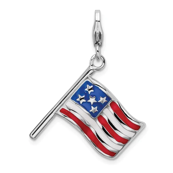 Sterling Silver 41X16MM Three Dimensional Enamel Reversible Lobster Clasp American Flag Charm
