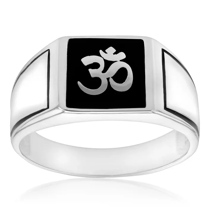 Sterling Silver “Om” On Black Square Gents Ring