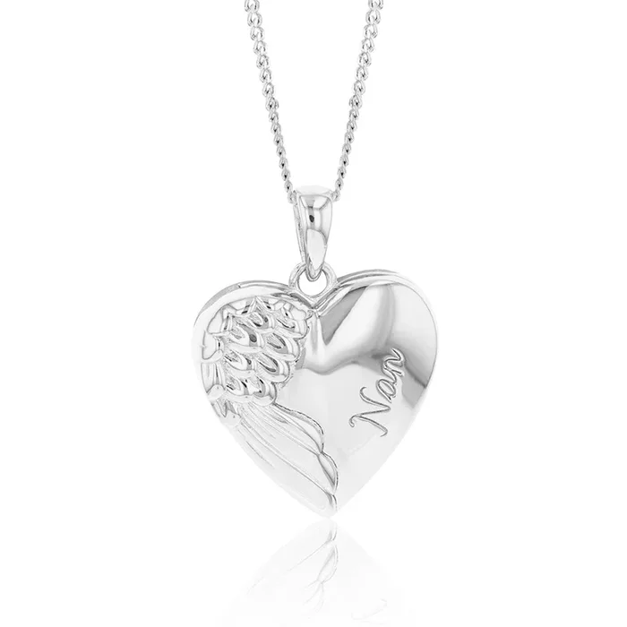 Sterling Silver Angel Wing On Heart “Nan” Locket Pendant