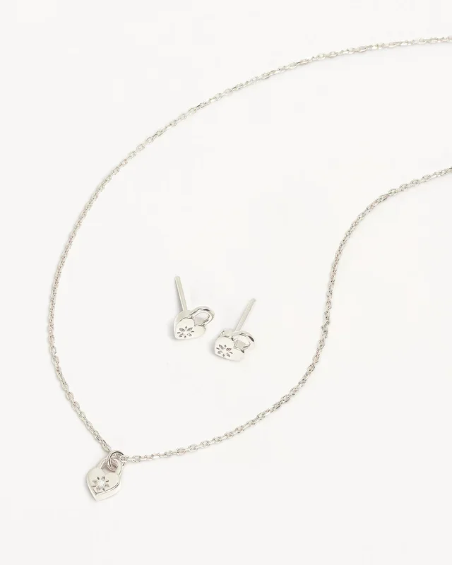 Sterling Silver Crystal Lotus Heart Padlock Gift Set