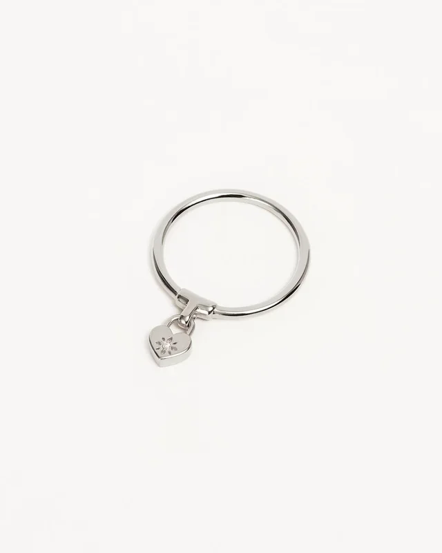 Sterling Silver Crystal Lotus Heart Padlock Ring