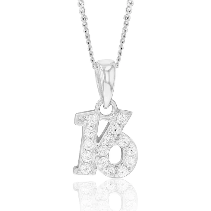 Sterling Silver Cubic Zirconia 9.5mm Number “16” Pendant