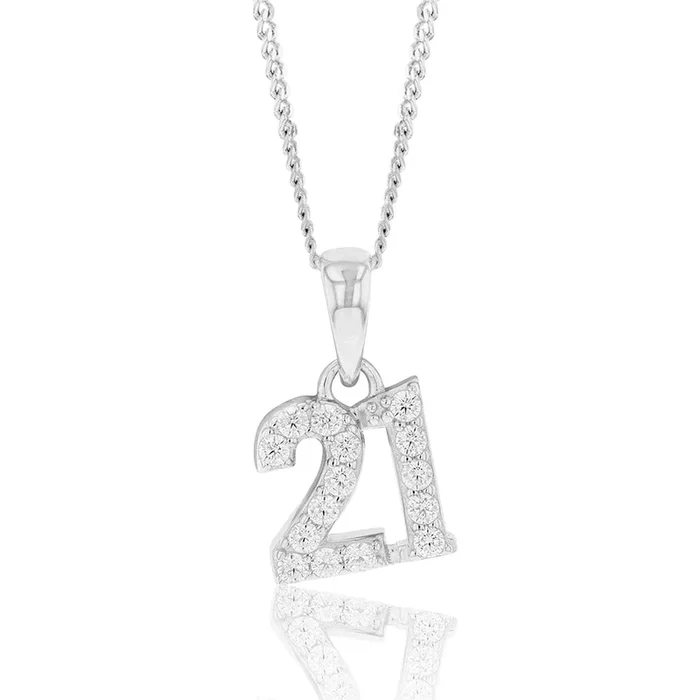Sterling Silver Cubic Zirconia 9mm Number “21” Pendant