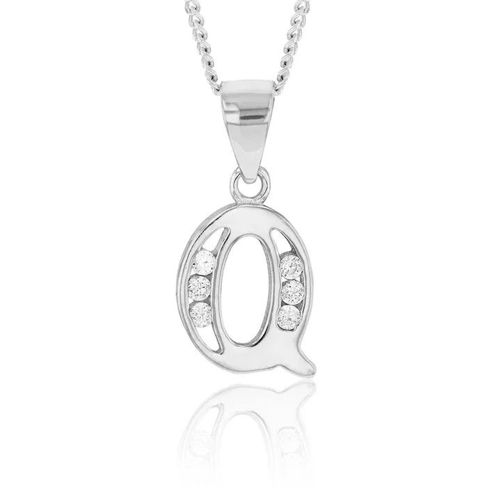 Sterling Silver Initial Zirconia Initial “Q” Pendant