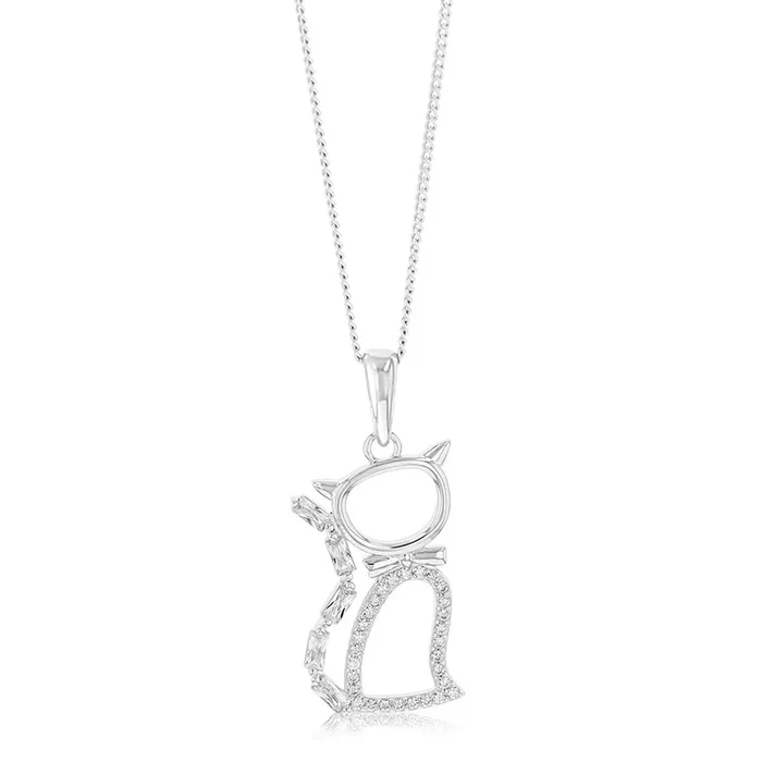 Sterling Silver Rhodium Plated Cubic Zirconia Cat Pendant