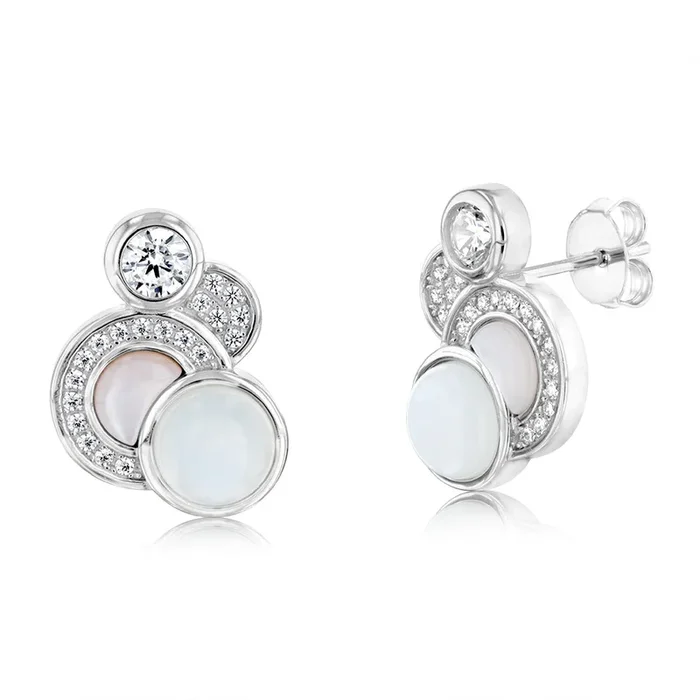 Sterling Silver Rhodium Plated Cubic Zirconia Pink Shell Pearl Moonstone Fancy Stud Earrings