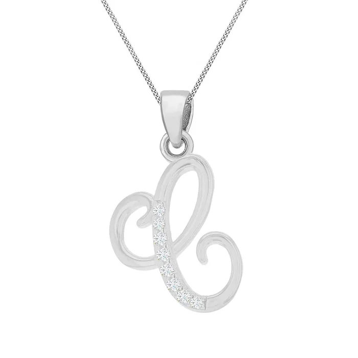 Sterling Silver Rhodium Plated Cubic Zirconia Script “C” Initial Pendant