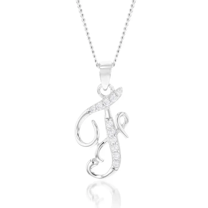 Sterling Silver Rhodium Plated Cubic Zirconia Script “F ” Initial Pendant