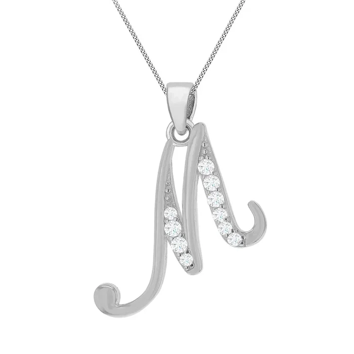Sterling Silver Rhodium Plated Cubic Zirconia Script “M” Initial Pendant