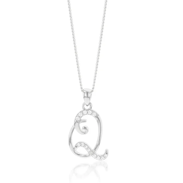 Sterling Silver Rhodium Plated Cubic Zirconia Script “Q ” Initial Pendant