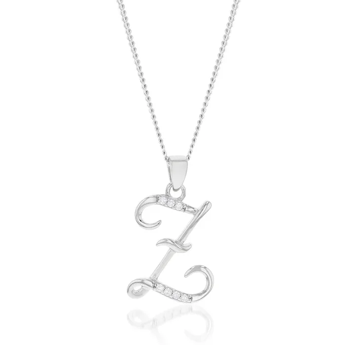 Sterling Silver Rhodium Plated Cubic Zirconia Script “Z ” Initial Pendant