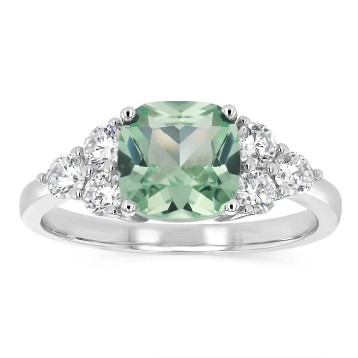 Sterling Silver Rhodium Plated Nano Green And White Cubic Zirconia Fancy Ring