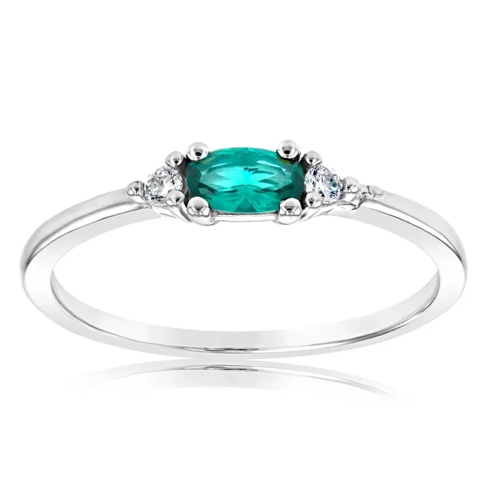 Sterling Silver Rhodium Plated Oval Created Emerald And White CZ Emerald Ring