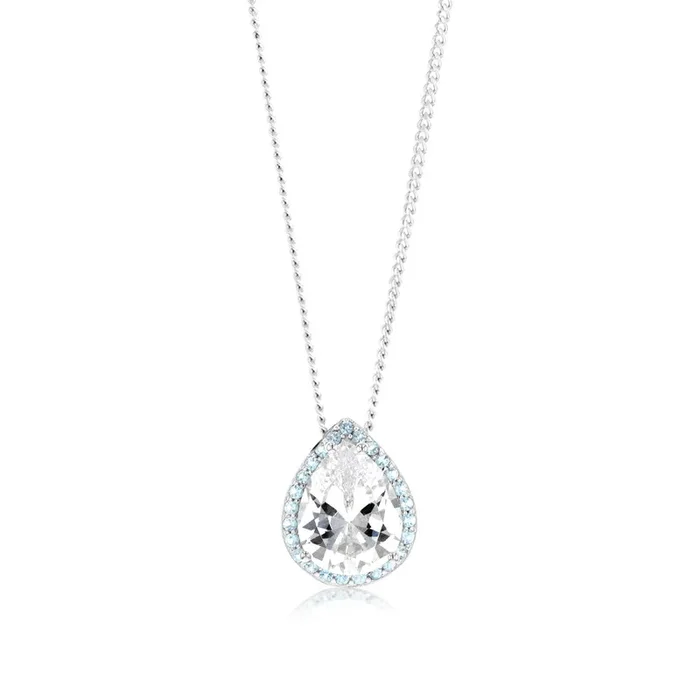 Sterling Silver Rhodium Plated Pear Shaped Light Blue And White Zirconia Pendant