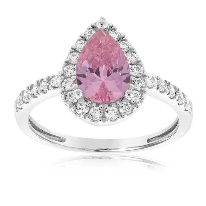 Sterling Silver Rhodium Plated Pink Cubic Zirconia Pear Ring