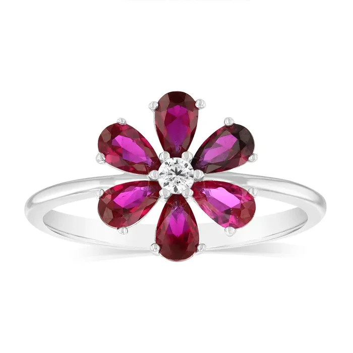 Sterling Silver Rhodium Plated Red Cubic Zirconia Flower Ring