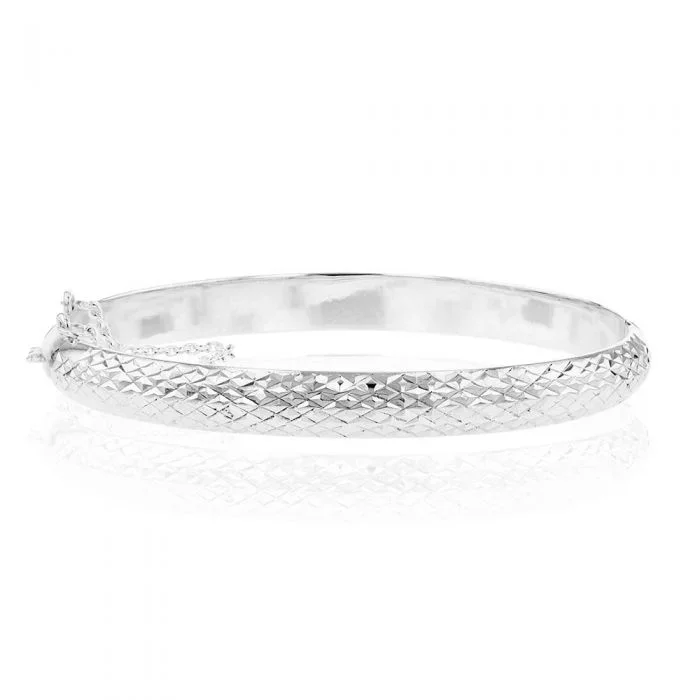 Sterling Silver Textured 7mm Hinged With Saftey Chain Bangle