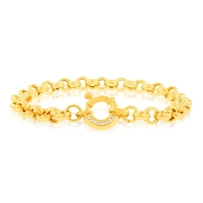 Sterling Silver Yellow Gold Plated Cubic Zironica Bolting 19cm Belcher Bracelet