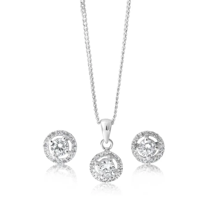 Sterling Silver Zirconia Round Pendant and Stud Earring Set – chain not included