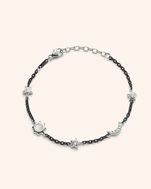 Sun, Moon and Stars Moonstone and White Sapphire Steel Chain Bracelet