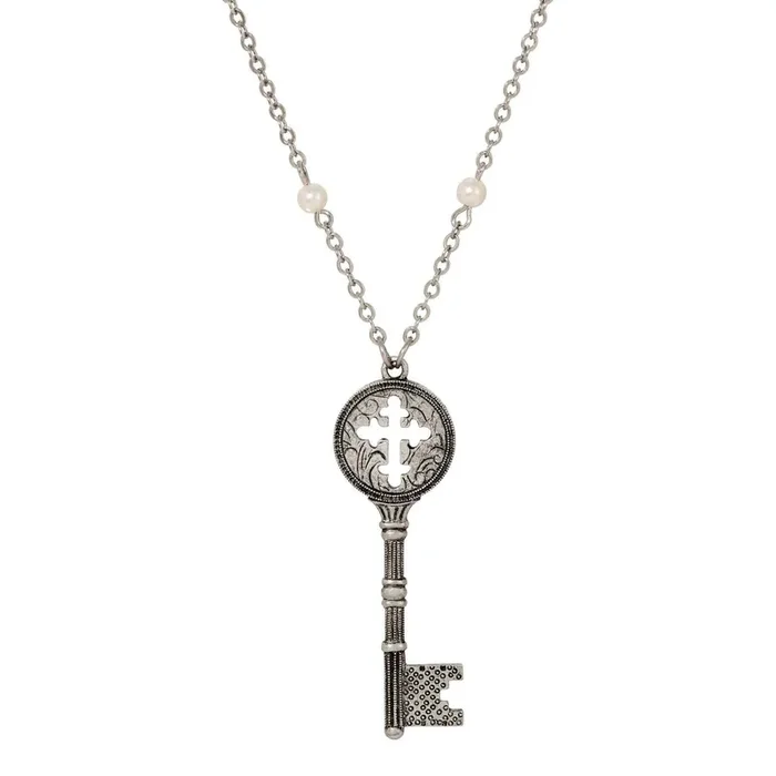 Symbols Of Faith Budded Cross Key Pendant Faux Pearl Accent Necklace 28″L