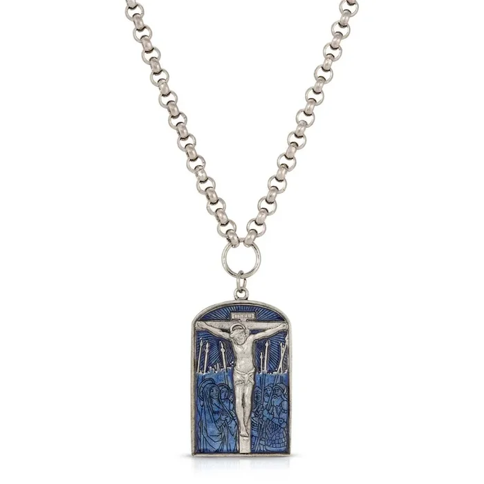 Symbols Of Faith Crucifixion Scene Blue Enamel Pendant Necklace 22″ + 3″ Extender