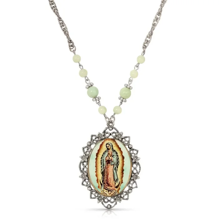 Symbols Of Faith Green Bead Floral Filigree Our Lady Of Guadalupe Pendant Necklace 28″