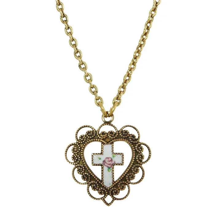 Symbols Of Faith Heart With White Floral Cross Pendant Necklace 16″ + 3″ Extender