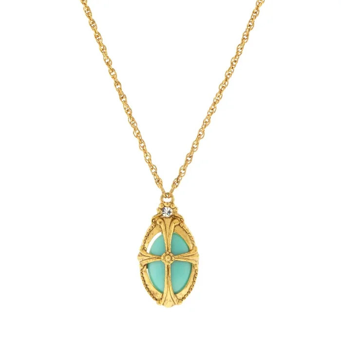 Symbols Of Faith Imitation Turquoise Oval Pendant Necklace 20″