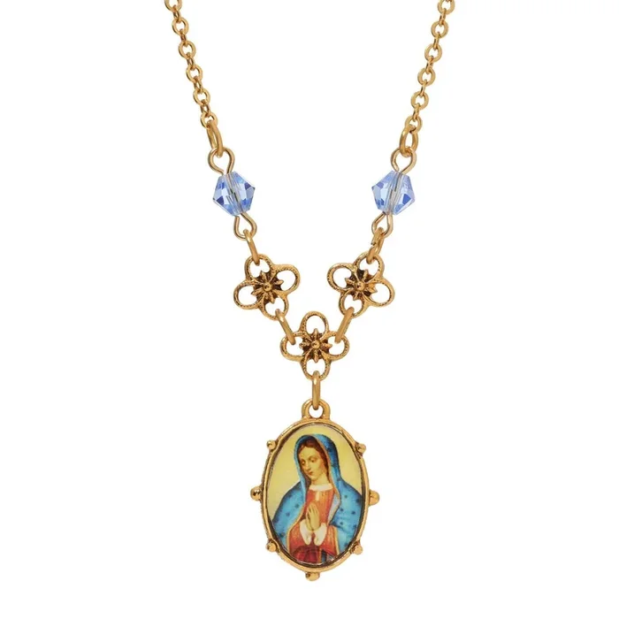 Symbols Of Faith Light Blue Small Oval Mary Pendant Necklace 16″ + 3″ Extender
