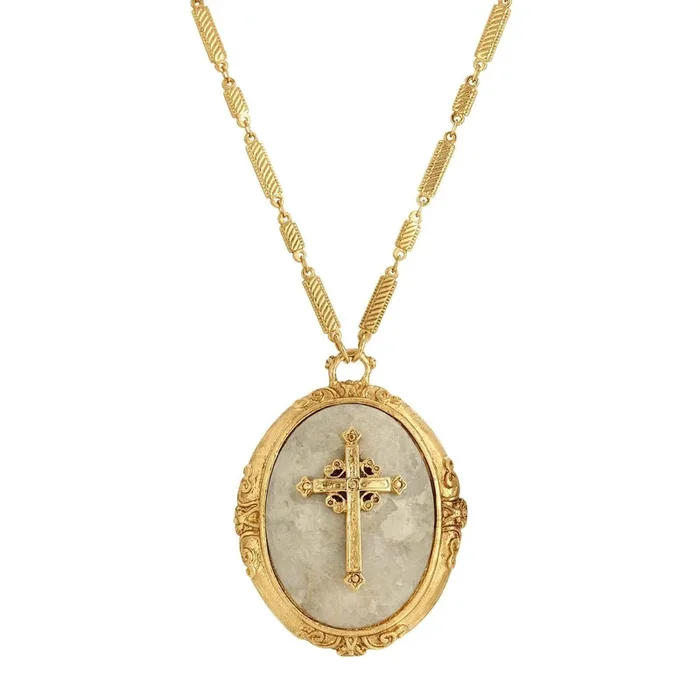 Symbols of Faith Oval Riverstone Gemstone Cross Pendant Necklace 30″