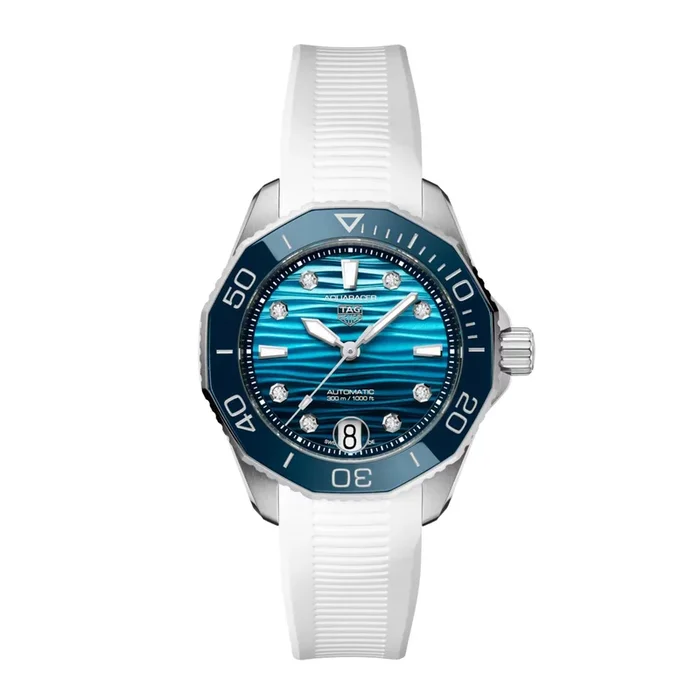 TAG Heuer Aquaracer Professional 300 Automatic Date Watch with Diamond Indexes, Blue Dial, and White Rubber Strap, 36 mm