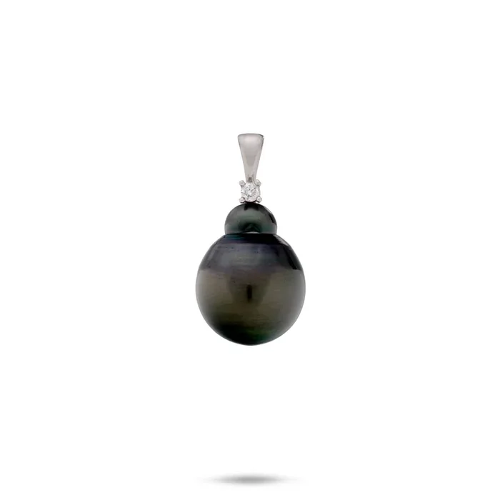Tahitian Black Pearl Pendant in White Gold with Diamond – 11-12mm