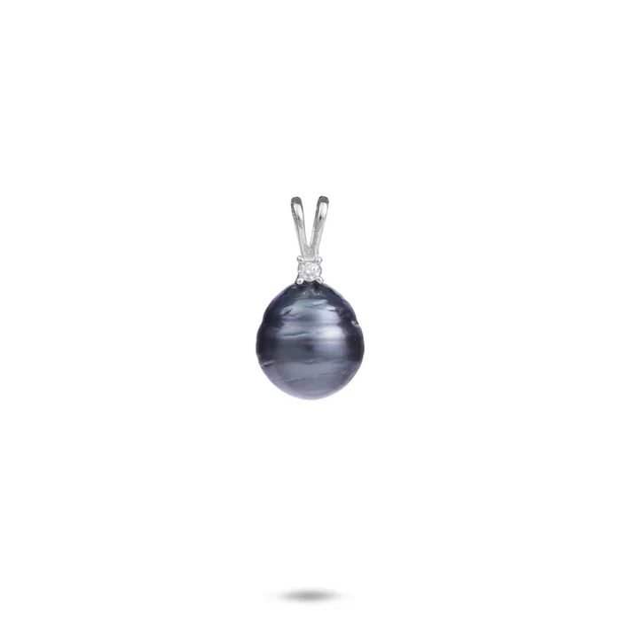 Tahitian Black Pearl Pendant in White Gold with Diamond – 8-10mm