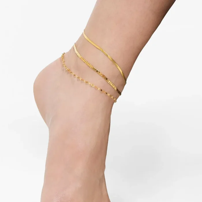 Tarnish Resistant 14k Gold Plated Adjustable 9-11″ Herringbone, Valentina, and Mariner Chain Anklet Set