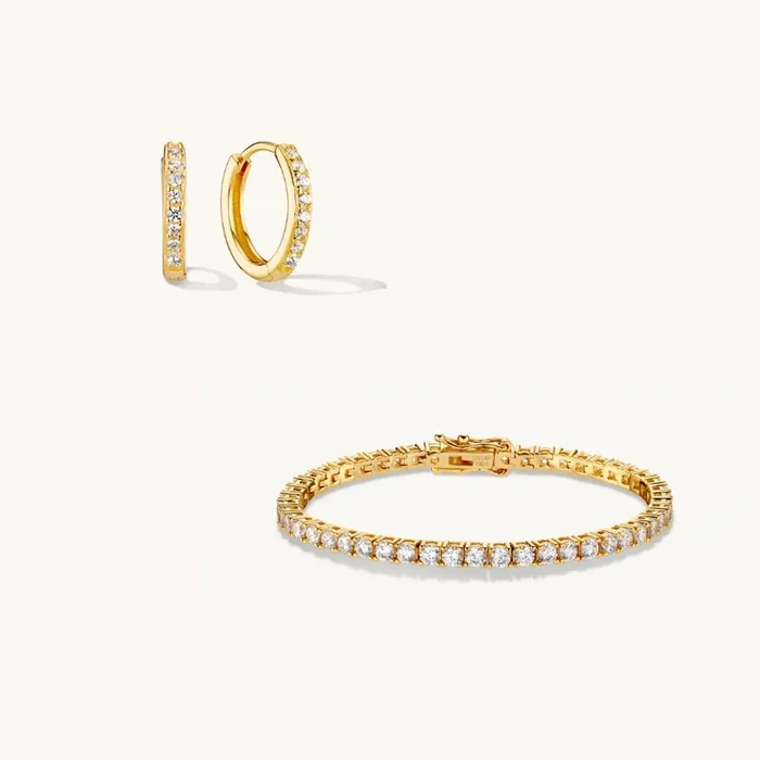 Tennis Chain Bracelet & Small Pavé Hoops Set Gold