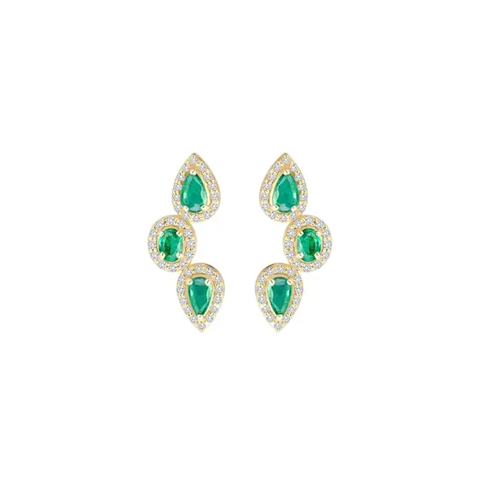 Three Pear Emerald or Ruby Earrings with Diamonds in 14K Yellow Gold