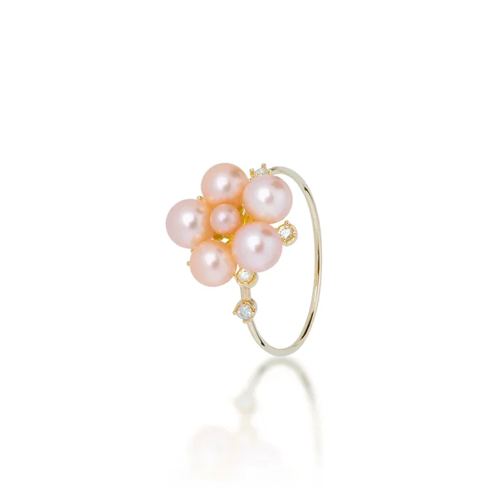 Tiny Bubbles Peach Freshwater Pearl Ring in Gold with Diamonds